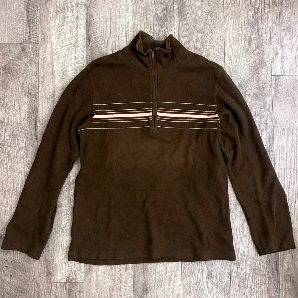 Banana‎ Republic Mens Brown Striped Quarter Zip Cotton Pullover Sweater Size M